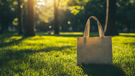 Sunlit tote bag on lush grass outdoor picnic scene nature photography tranquil park environmentの素材