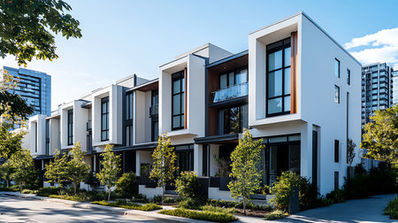 Modern townhouse architecture urban environment real estate photography contemporary design clear blue skyの素材