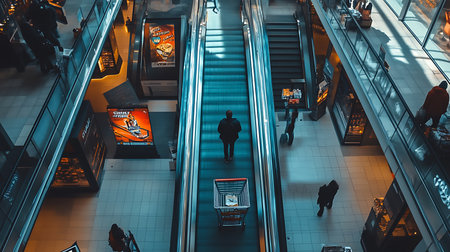 Shopping experience on escalator in busy mall urban environment aerial view modern lifestyle sceneの素材