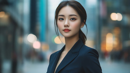 Confident businesswoman in urban cityscape professional portrait modern environment optimistic viewpointの素材