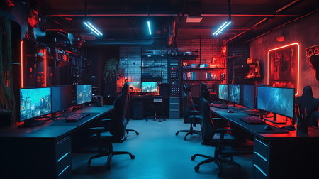 Gaming arena setup modern office space visual content neon-lit environment interior view technology-driven spaceの素材
