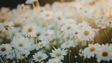 Blooming white daisies nature landscape floral photography bright environment close-up view serenity conceptの素材