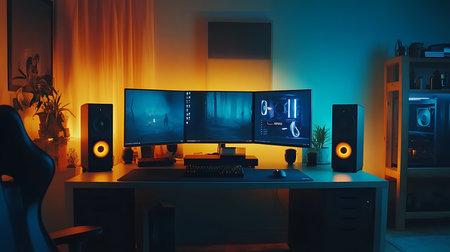 Dynamic gaming setup with dual monitors modern home office digital art cozy ambiance perspective on tech innovationの素材