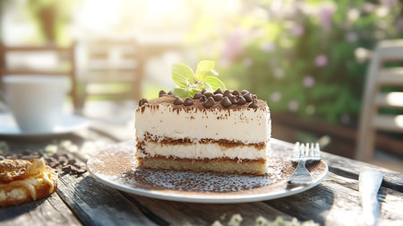 Indulging in a delicious chocolate cake delight in a sunlit garden captivating close-up outdoor food photographyの素材