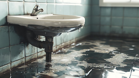 A close-up view of a flooded bathroom sink reveals water damage and grime in an urban home.の素材