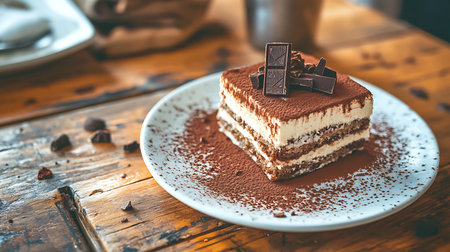 Indulging in delicious tiramisu dessert rustic kitchen close-up food photography cozy setting culinary delightの素材