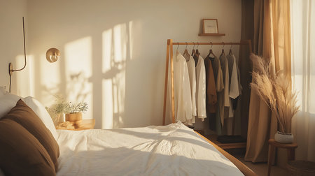 Cozy bedroom interior design modern home photography bright natural light aesthetic elementsの素材