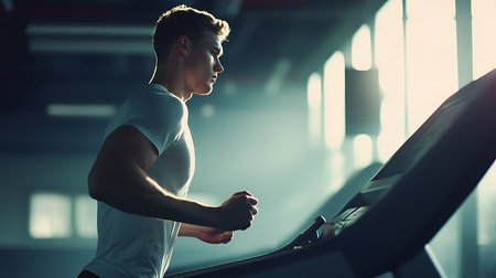 Running on treadmill athlete training in gym modern fitness environment focused perspectiveの素材