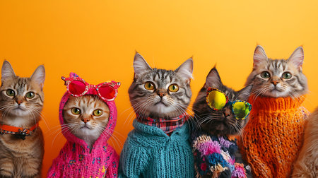 Adorable cats in colorful sweaters studio setup photo collection playful moodの素材