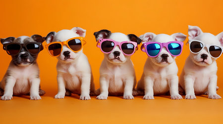 Cute puppies in sunglasses playful setting pet photography bright orange backgroundの素材