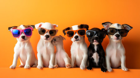 Playful puppies in sunglasses bright orange background cute animal photography fun vibeの素材