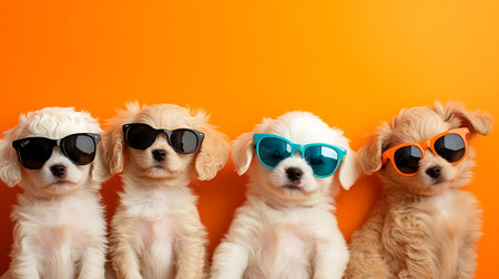 Cute puppies wearing sunglasses indoor studio adorable pet photography bright colors playful vibeの素材