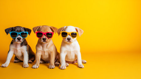 Playful puppies in sunglasses fun indoor setting pet photography bright yellow backgroundの素材