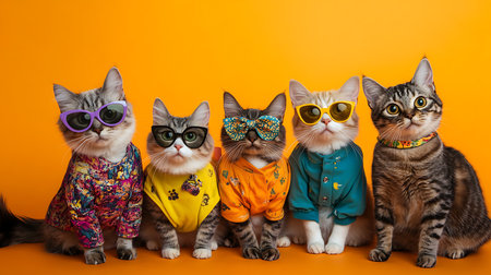 Playful cats in sunglasses vibrant studio animal portraits fun environment whimsical viewpointの素材
