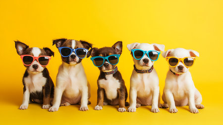 Playful puppies in sunglasses studio setting colorful background fun and whimsicalの素材