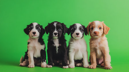 Playful puppies sitting together on green background adorable animals studio shotの素材