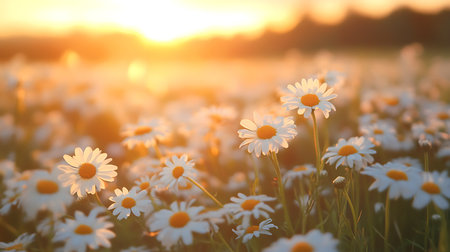Captivating sunrise over daisies nature scene outdoor field tranquil atmosphere close-up viewの素材
