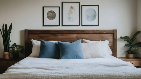 Explore a serene bedroom with stylish decor featuring blue pillows and calming artwork.の素材