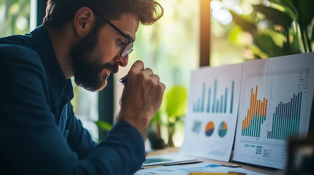 A dedicated professional engages in business analysis surrounded by charts and graphs in a bright office.の素材
