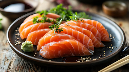 Indulge in the exquisite presentation of fresh salmon sashimi an artful culinary experience.の素材