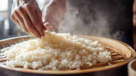 A chef skillfully prepares steaming rice in a cozy Asian kitchen highlighting culinary artistry.の素材