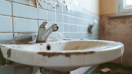 A close-up of an old sink reveals the beauty of decay in an abandoned bathroom.の素材