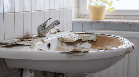 A close-up view of a neglected bathroom sink showing signs of wear and tear highlighting the need for renovation.の素材