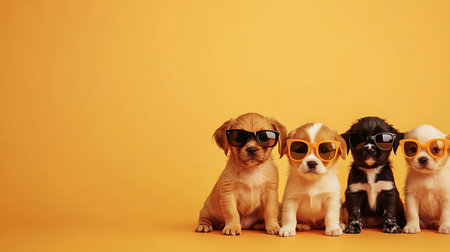 Cute puppies wearing sunglasses studio setting pet photography bright background fun conceptの素材