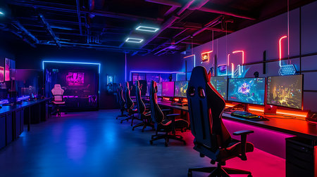 Exciting gaming event in neon-lit lounge virtual reality showcase modern tech spaceの素材