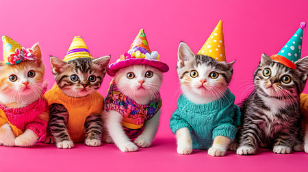 Playful kittens celebrate with party hats indoor setting cute animal photography fun vibeの素材