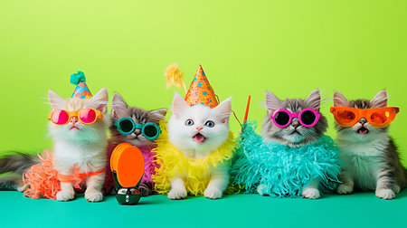 Playful cats celebrating a birthday party studio setting fun and colorful environmentの素材