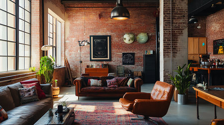 Modern industrial living room decor urban apartment interior design cozy atmosphere wide angleの素材