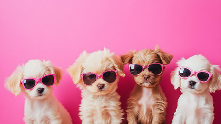 Cute puppies in sunglasses pose playfully against a pink background adorable pet photographyの素材