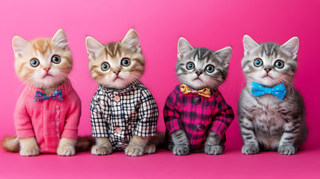 Adorable cats dressed in bowties studio setup high-quality image pink backgroundの素材