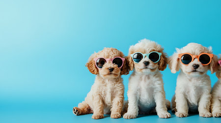 Cute puppies in sunglasses playing on blue background animal photography fun vibeの素材
