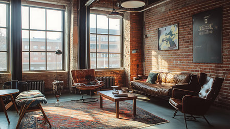 Cozy living room interior design urban apartment photography bright daylight wide angle viewの素材