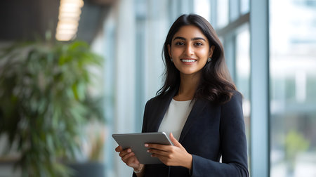 Professional woman holding tablet in modern office setting business environment portrait viewの素材