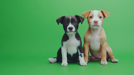 Adorable puppies playing together studio setting pet photography green backgroundの素材