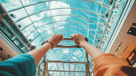Shopping adventure in a modern mall indoor environment wide-angle view excitementの素材