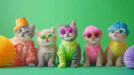 Playful kittens in sunglasses indoor studio colorful photo shoot fun environment cute conceptの素材