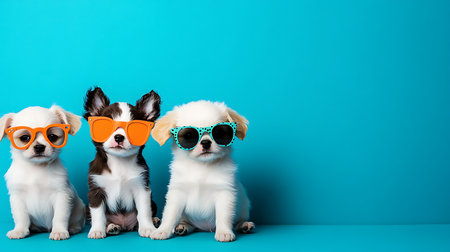 Playful puppies wearing sunglasses indoor studio pet photography vibrant background cute conceptの素材