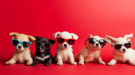 Playful puppies in sunglasses studio setting photography fun environment close-up viewの素材