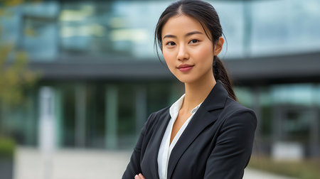 Empowered businesswoman posing confidently outdoors urban office background portrait styleの素材