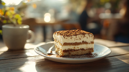 Indulging in homemade tiramisu dessert cozy kitchen setting close-up food photography natural lightの素材