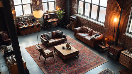 Cozy living room interior design inspiration urban loft photography warm ambiance aerial viewの素材