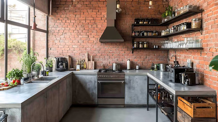 Showcasing modern industrial kitchens cozy urban interiors in wide angle photographyの素材