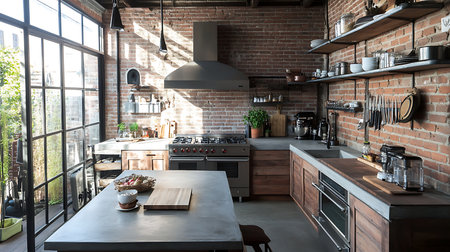 Modern kitchen design showcase in urban apartment featuring open layout and natural lightの素材