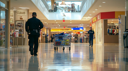 Security officer assesses shopping mall activity indoor retail environment wide-angle perspectiveの素材