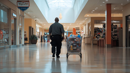 Security officer patrolling shopping mall indoor environment wide-angle view safety focusの素材