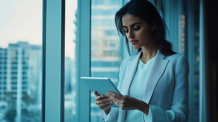 Business professional using tablet in modern office urban environment close-up perspectiveの素材